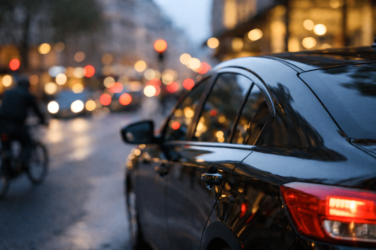 Voiture de transport avec chauffeur circulant dans une rue parisienne en fin de journée.