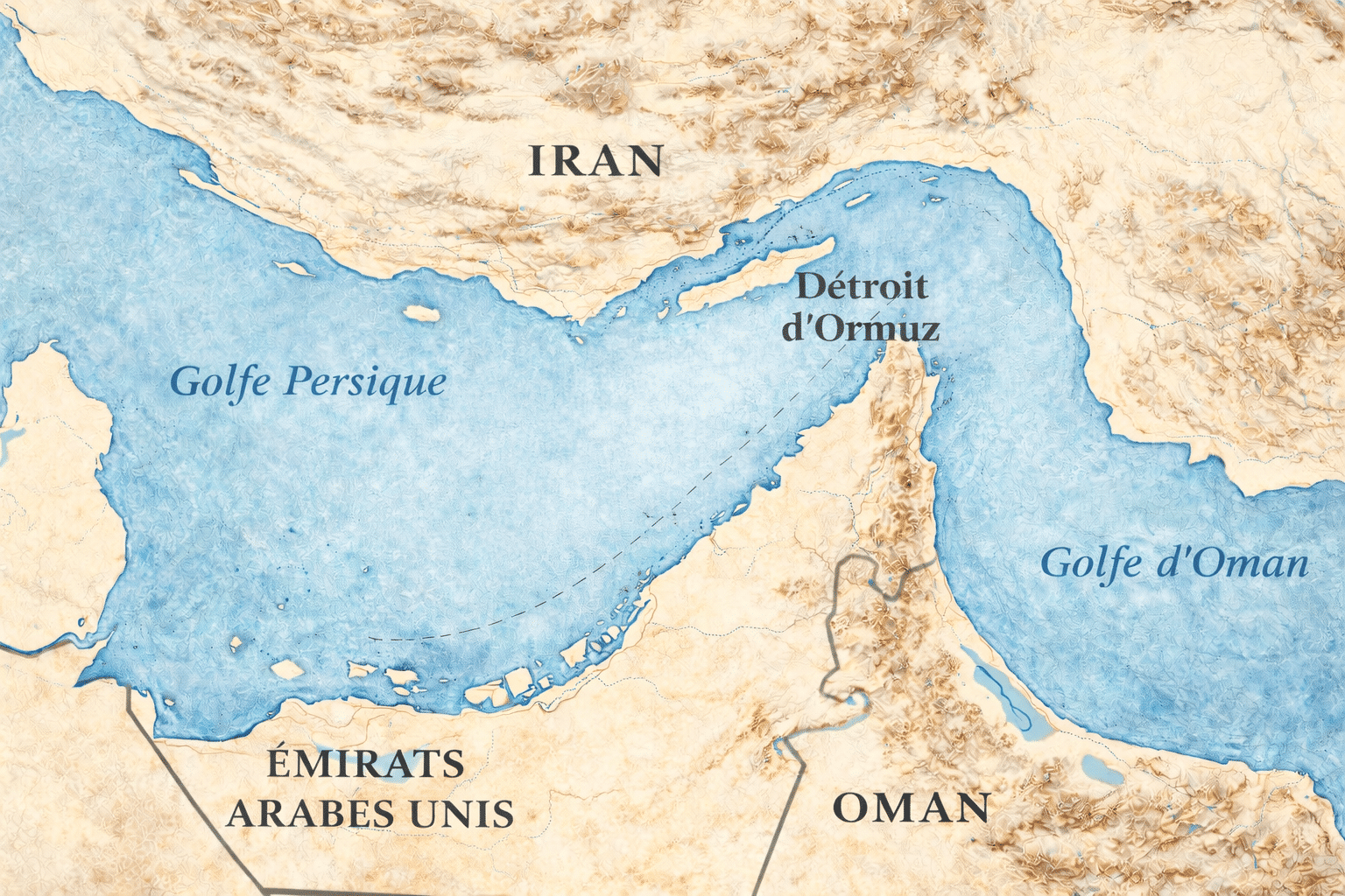 Carte du détroit d’Ormuz entre l’Iran, Oman et les Émirats arabes unis, reliant le golfe Persique au golfe d’Oman.