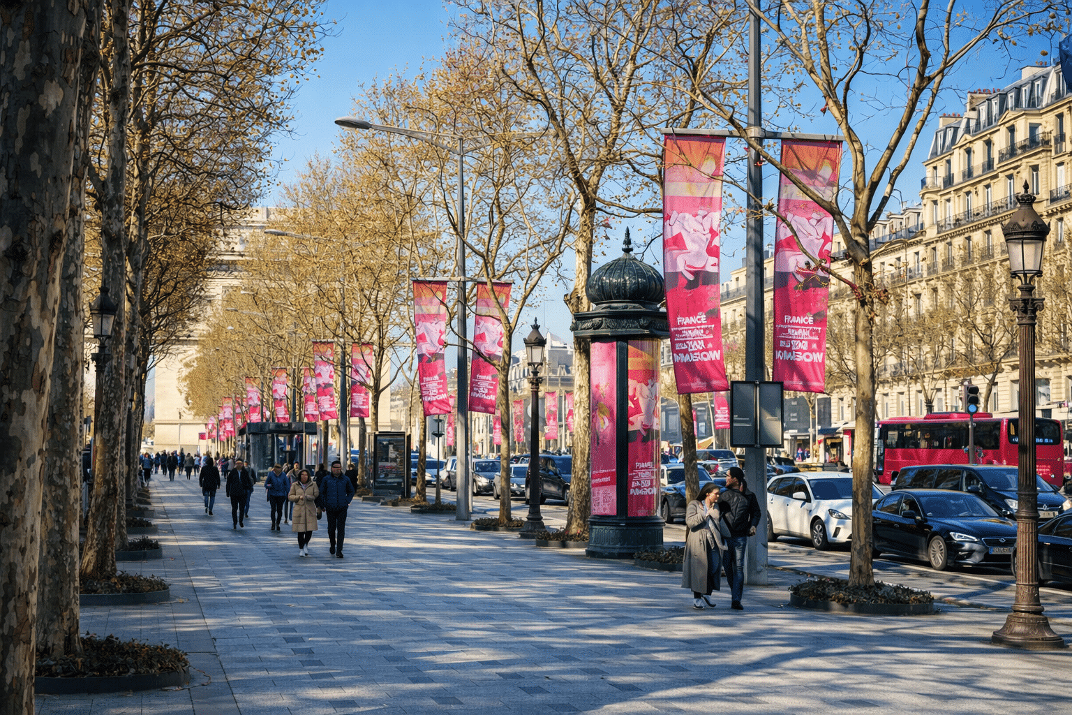 Avenue des Champs-Élysées à Paris avec des piétons marchant sur un large trottoir bordé d’arbres et de bannières, sous un ciel bleu.