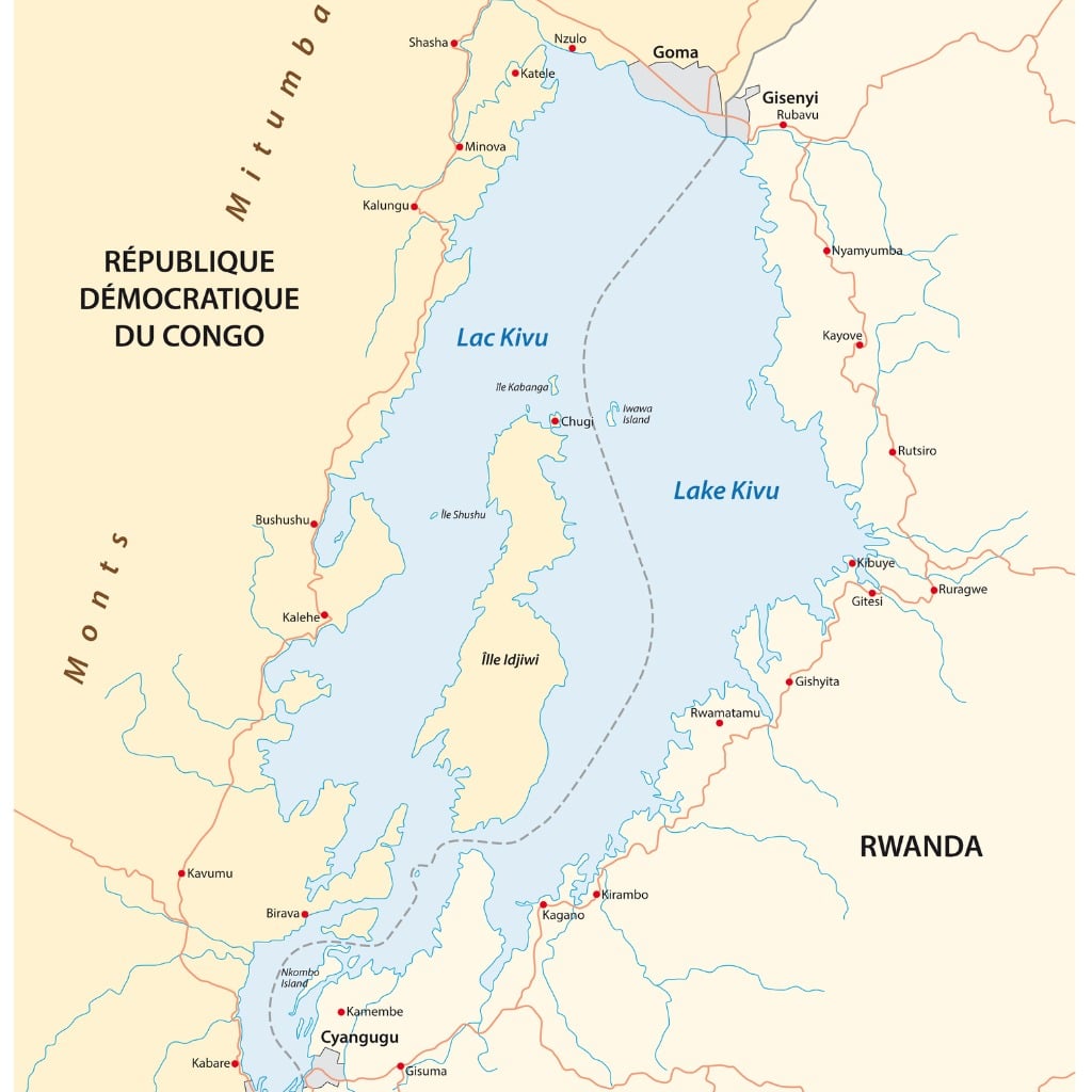 Carte du lac Kivu est-africaine, République démocratique du Congo, Rwanda