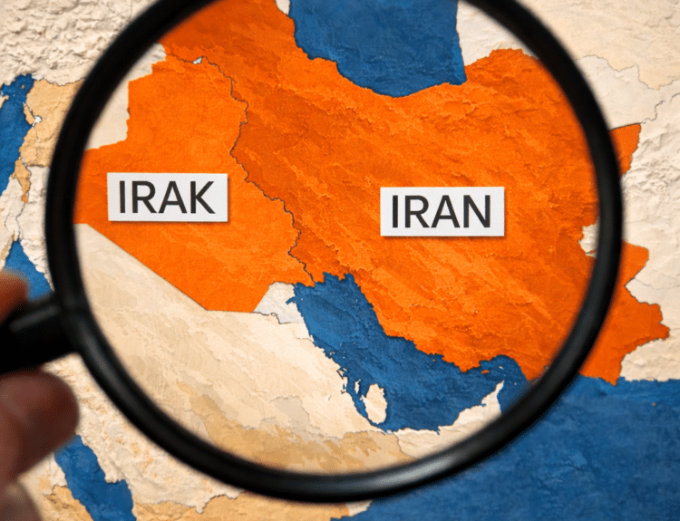 Carte du Moyen-Orient montrant l’Iran et l’Irak vus à travers une loupe, illustrant le parallèle entre la guerre actuelle en Iran et la guerre d’Irak de 2003.