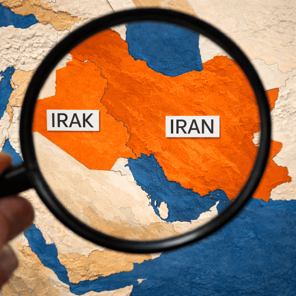 Carte du Moyen-Orient montrant l’Iran et l’Irak vus à travers une loupe, illustrant le parallèle entre la guerre actuelle en Iran et la guerre d’Irak de 2003.