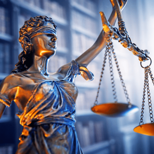 Statue de la Justice aux yeux bandés tenant une balance, éclairée par des lumières bleues et orangées, devant une bibliothèque floue.