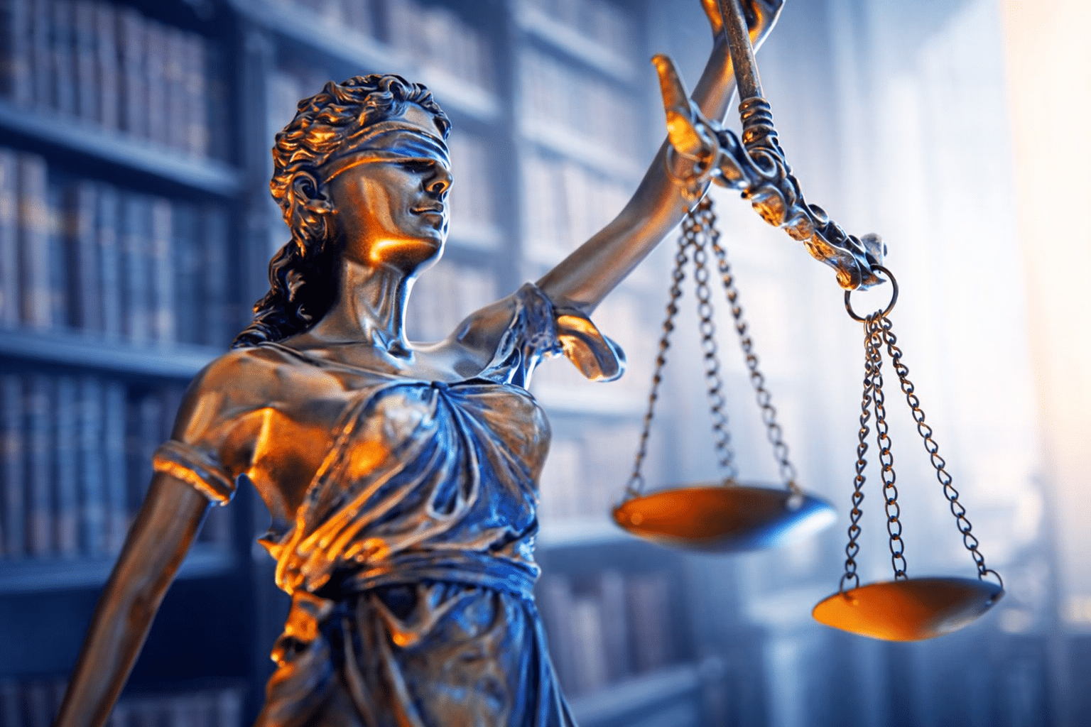 Statue de la Justice aux yeux bandés tenant une balance, éclairée par des lumières bleues et orangées, devant une bibliothèque floue.