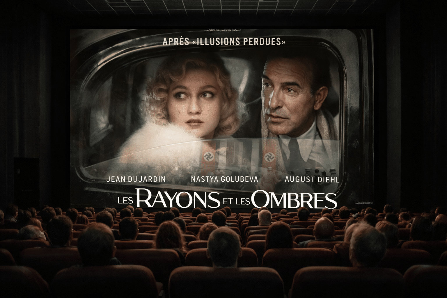 Affiche officielle du film Les Rayons et les Ombres projetée sur un écran de cinéma devant un public assis dans une salle obscure