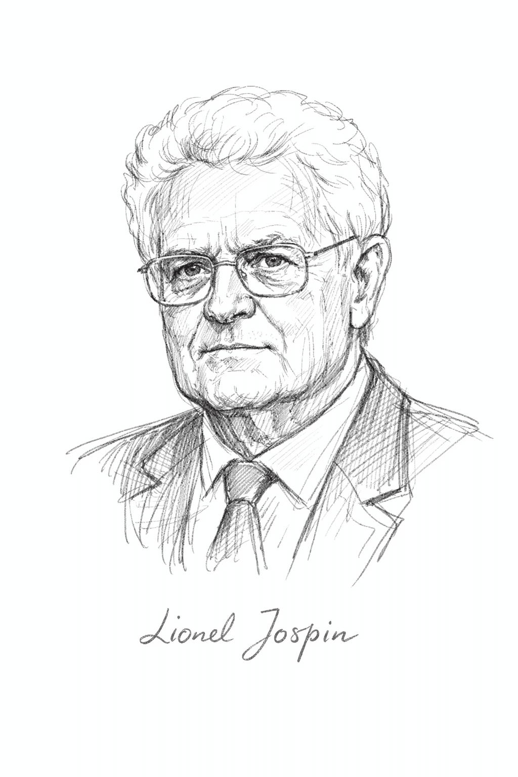 Dessin au crayon en noir et blanc de Lionel Jospin, regardant face à l’observateur.