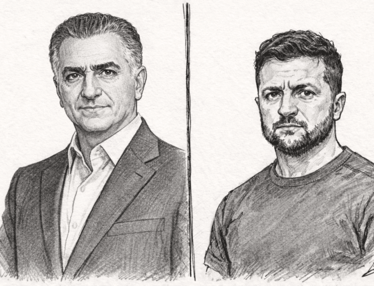 Dessin au crayon représentant Reza Pahlavi, fils du dernier shah d’Iran, et Volodymyr Zelensky, président de l’Ukraine, portraits côte à côte sur fond neutre.