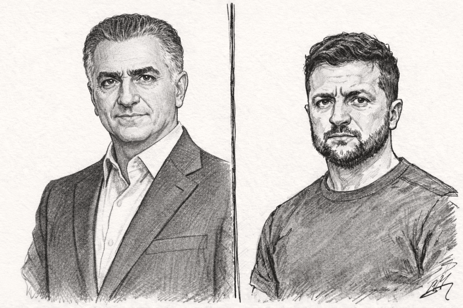 Dessin au crayon représentant Reza Pahlavi, fils du dernier shah d’Iran, et Volodymyr Zelensky, président de l’Ukraine, portraits côte à côte sur fond neutre.