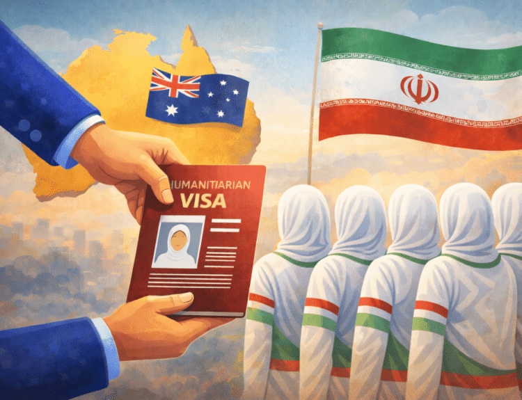 Illustration de cinq joueuses iraniennes vues de dos recevant symboliquement un visa humanitaire de l’Australie.