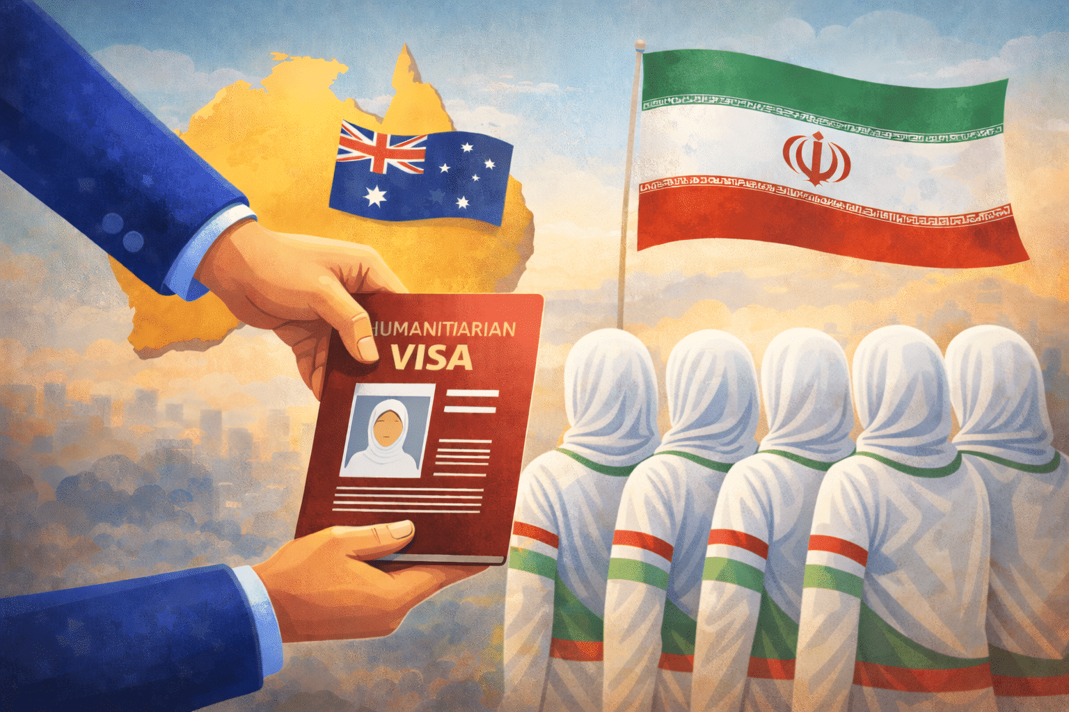 Illustration de cinq joueuses iraniennes vues de dos recevant symboliquement un visa humanitaire de l’Australie.