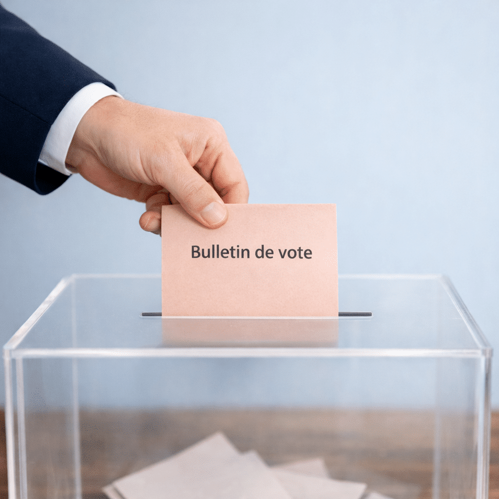 Main déposant un bulletin de vote dans une urne transparente