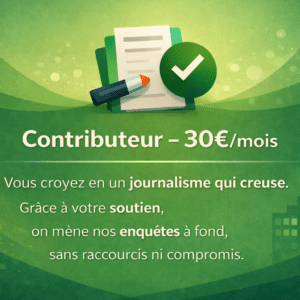 Illustration d’un soutien contributeur à 30€/mois avec document et validation, représentant un engagement pour un journalisme d’enquête approfondi sur YKMinfo.