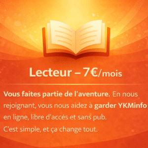 Offre Lecteur YKMinfo à 7€ par mois avec illustration d’un livre ouvert sur fond orange
