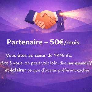 Illustration d’un partenariat avec poignée de main et phare, représentant un soutien à 50€/mois pour un journalisme indépendant et engagé sur YKMinfo.