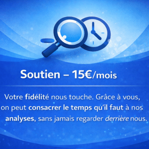 Illustration d’un soutien à 15€/mois avec loupe et horloge, symbolisant le temps consacré à l’analyse et à la veille journalistique sur YKMinfo.