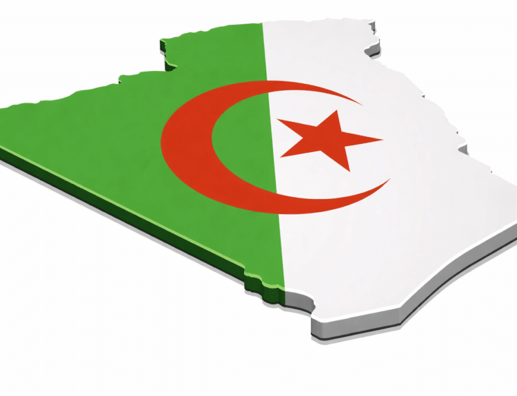 Carte en relief de l’Algérie en 3D aux couleurs du drapeau algérien avec croissant et étoile rouges