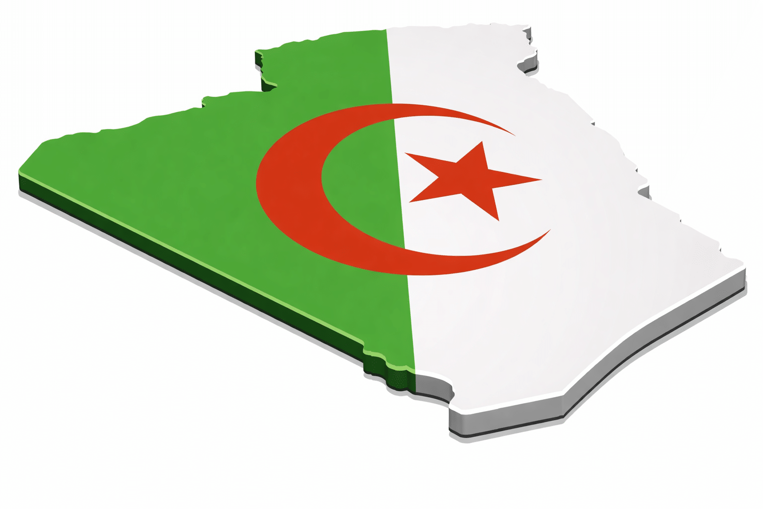 Carte en relief de l’Algérie en 3D aux couleurs du drapeau algérien avec croissant et étoile rouges