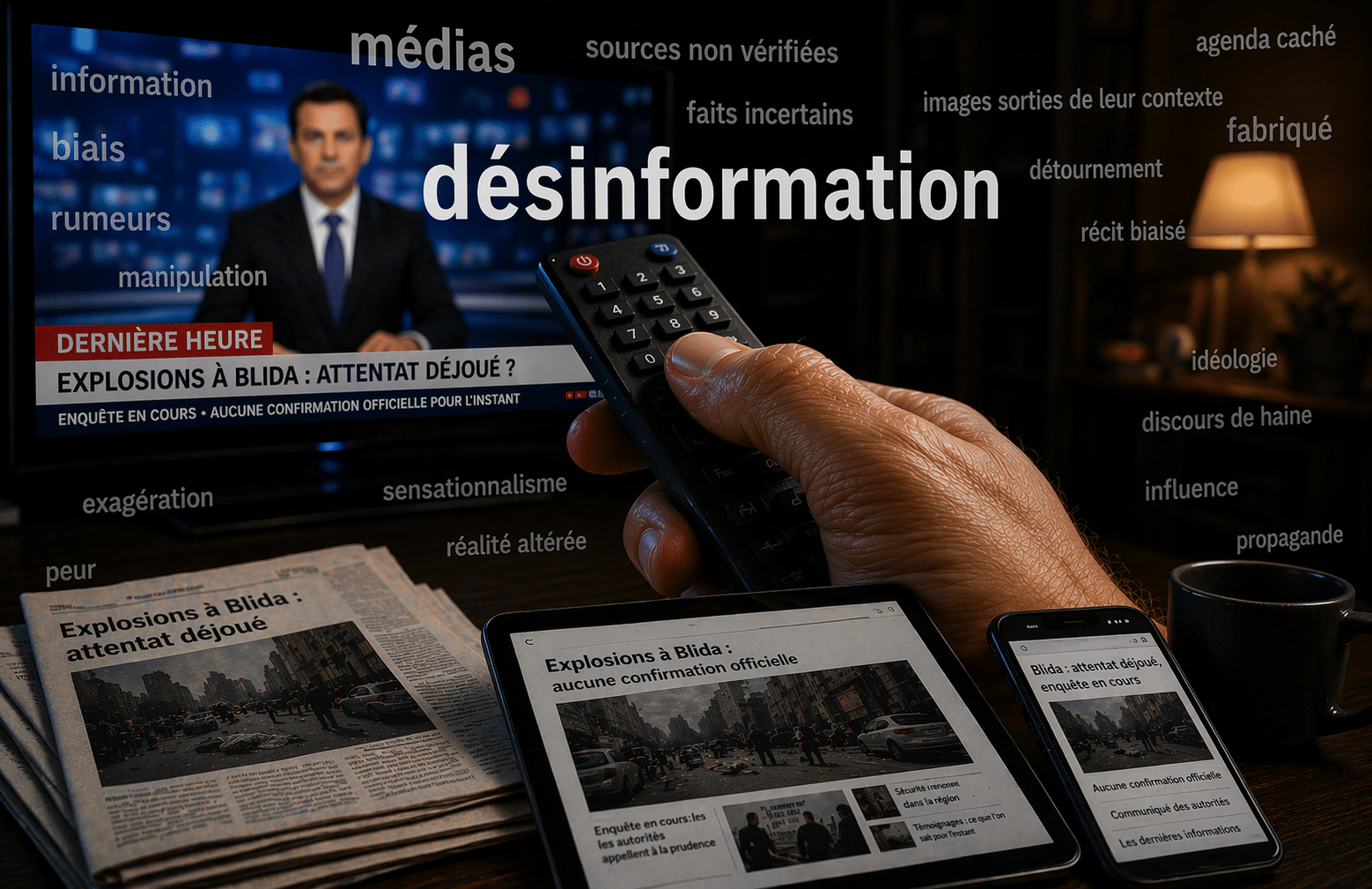 Main tenant une télécommande face à une télévision diffusant une actualité floue sur des explosions à Blida, entourée de mots liés à la désinformation, avec journaux et écrans numériques affichant des informations contradictoires.
