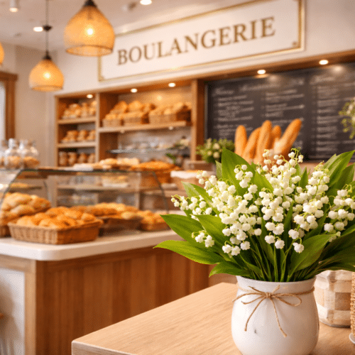 Bouquet de muguet sur le comptoir d’une boulangerie avec pains et viennoiseries en arrière-plan.