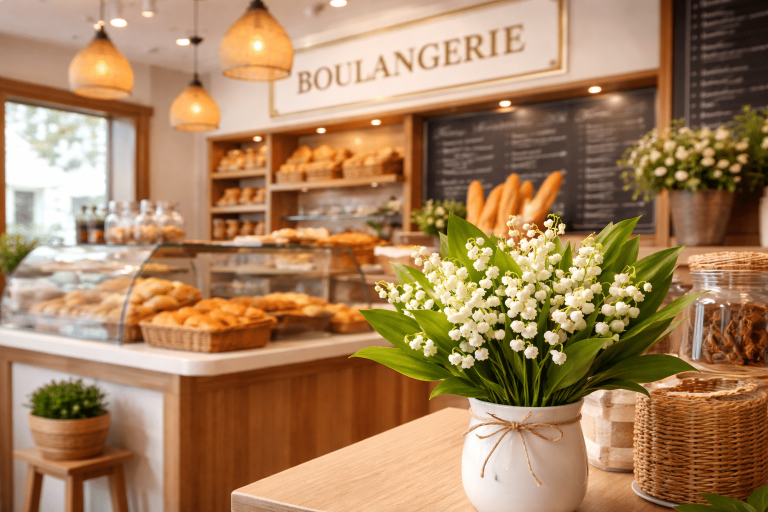 Bouquet de muguet sur le comptoir d’une boulangerie avec pains et viennoiseries en arrière-plan.