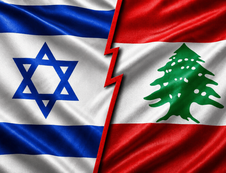 Drapeaux d’Israël et du Liban séparés par une ligne rouge en forme d’éclair symbolisant un conflit