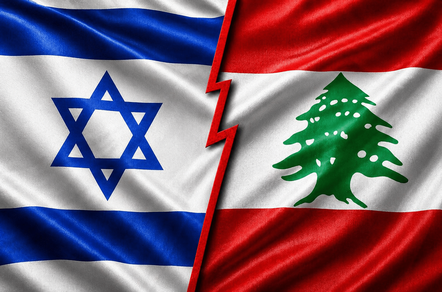 Drapeaux d’Israël et du Liban séparés par une ligne rouge en forme d’éclair symbolisant un conflit