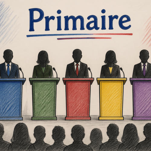 Des candidats anonymes s’affrontent lors d’une primaire politique, chacun derrière son pupitre.