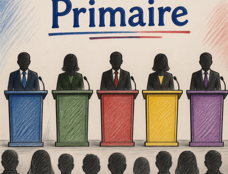 Des candidats anonymes s’affrontent lors d’une primaire politique, chacun derrière son pupitre.