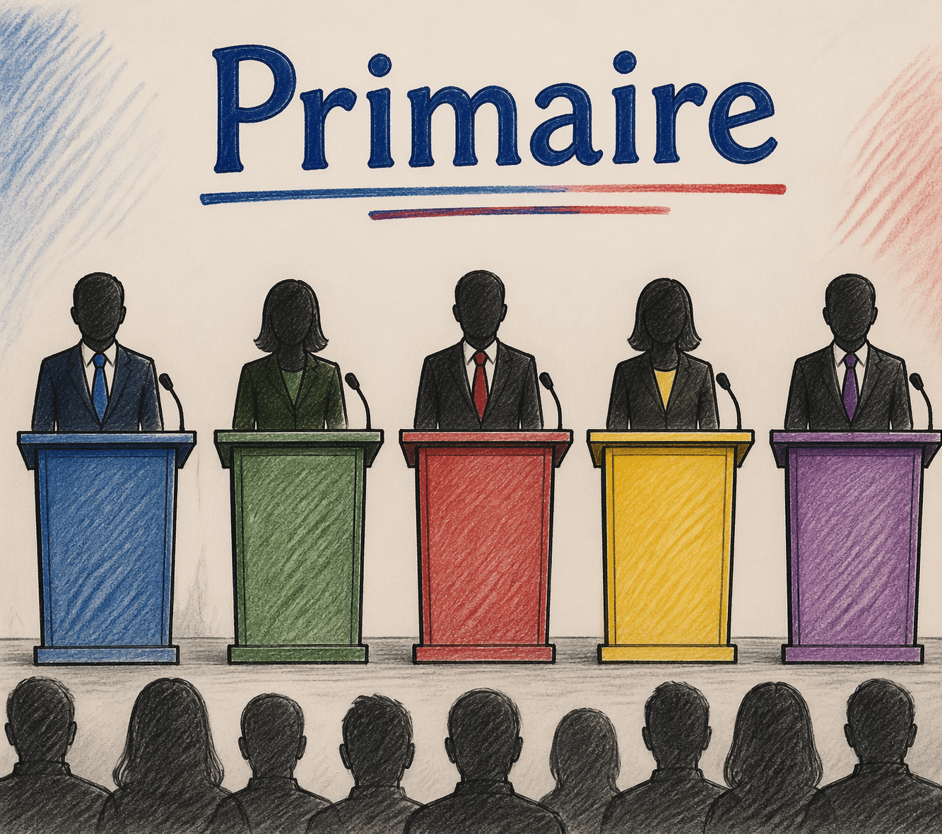 Des candidats anonymes s’affrontent lors d’une primaire politique, chacun derrière son pupitre.