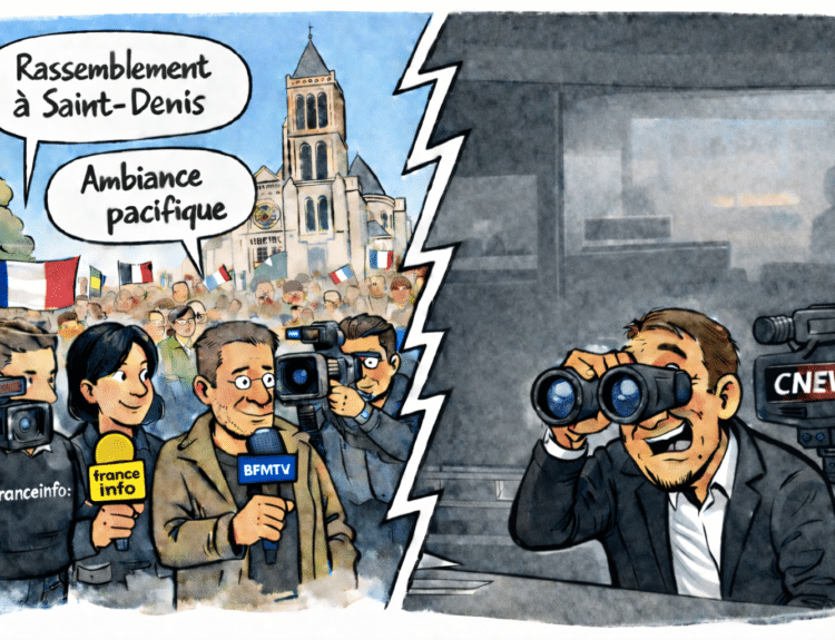 Caricature divisée en deux montrant d’un côté des journalistes couvrant un rassemblement pacifique à Saint-Denis, et de l’autre un journaliste de CNEWS en studio utilisant des jumelles pour observer la situation à distance.