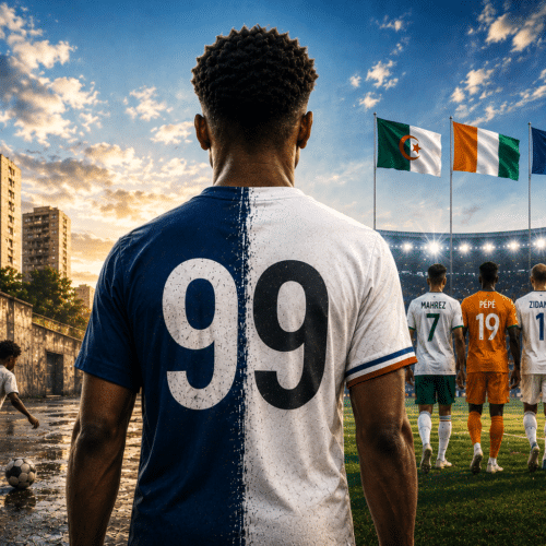 Jeune footballeur portant le numéro 99, vu de dos entre les rues de Bondy et un stade de football international, symbole d’identité multiculturelle.