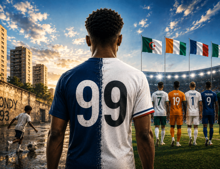 Jeune footballeur portant le numéro 99, vu de dos entre les rues de Bondy et un stade de football international, symbole d’identité multiculturelle.