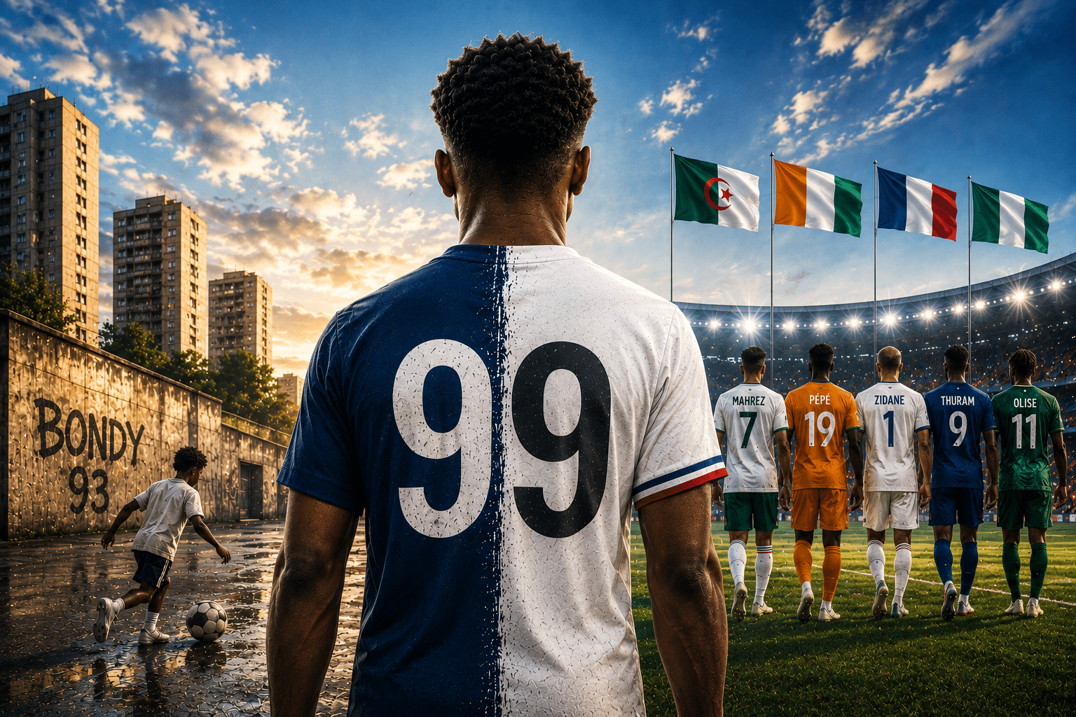 Jeune footballeur portant le numéro 99, vu de dos entre les rues de Bondy et un stade de football international, symbole d’identité multiculturelle.