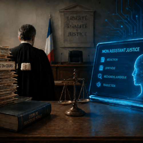 Illustration de la tension entre l’engorgement de la justice française et le recours croissant aux outils d’intelligence artificielle pour assister les professionnels du droit.