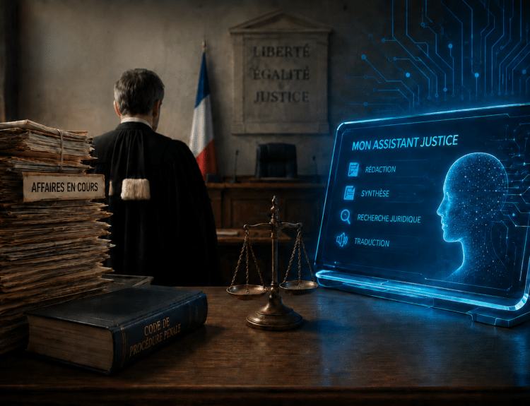 Illustration de la tension entre l’engorgement de la justice française et le recours croissant aux outils d’intelligence artificielle pour assister les professionnels du droit.