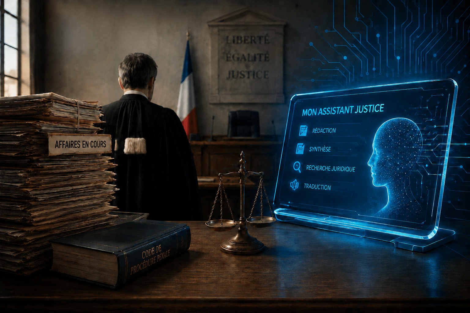 Illustration de la tension entre l’engorgement de la justice française et le recours croissant aux outils d’intelligence artificielle pour assister les professionnels du droit.