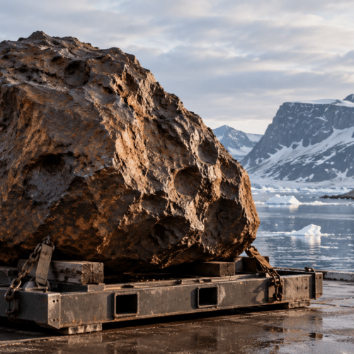 Illustration de la météorite Agpalilik sur une plateforme de transport devant un paysage arctique du Groenland. Illustration générée par intelligence artificielle — YKMinfo.