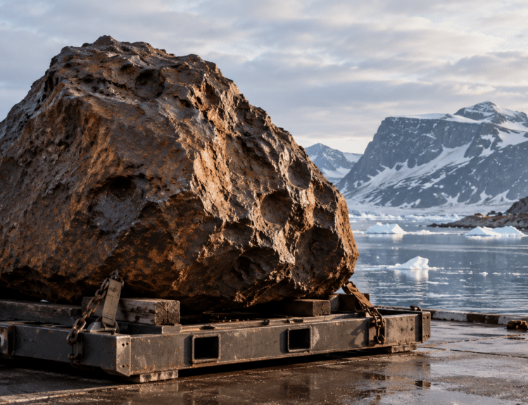 Illustration de la météorite Agpalilik sur une plateforme de transport devant un paysage arctique du Groenland. Illustration générée par intelligence artificielle — YKMinfo.