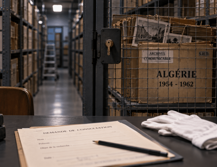 Cartons d’archives sur la guerre d’Algérie visibles derrière une grille fermée, avec une demande de consultation au premier plan. Illustration générée par intelligence artificielle — YKMinfo.