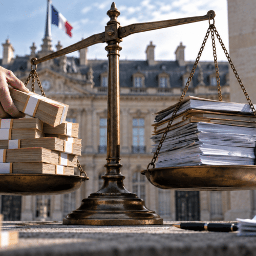 Balance budgétaire avec des liasses d’euros et des dossiers administratifs devant le ministère de l’Économie et des Finances.