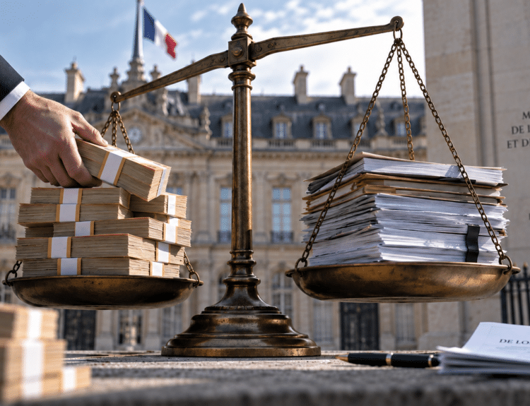 Balance budgétaire avec des liasses d’euros et des dossiers administratifs devant le ministère de l’Économie et des Finances.