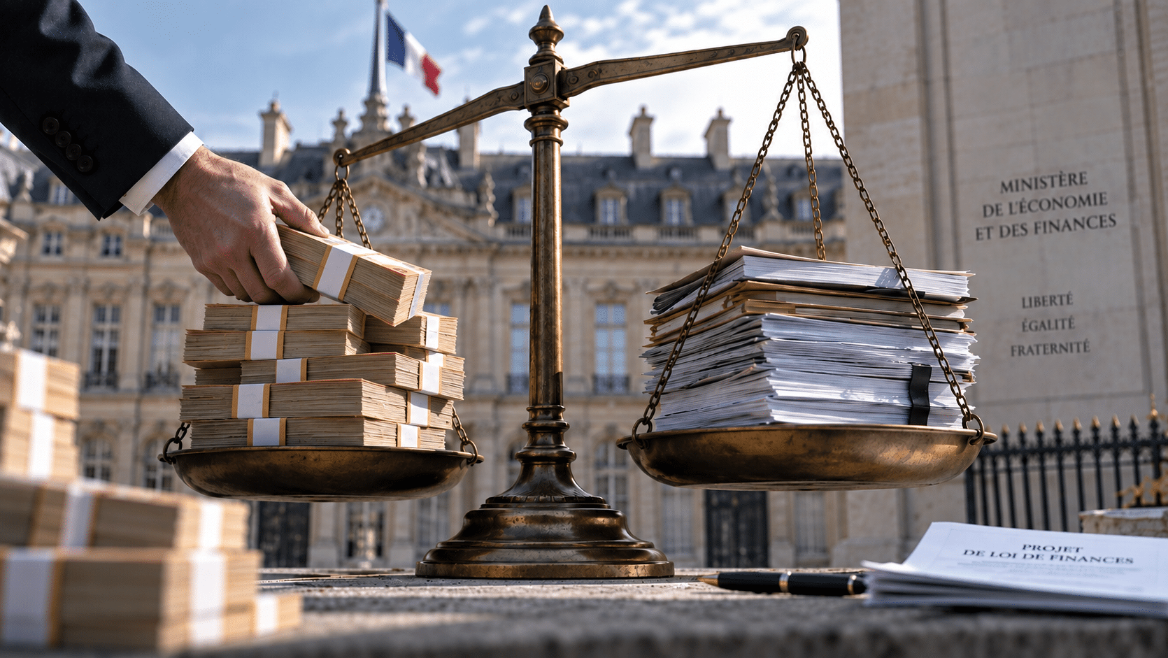 Balance budgétaire avec des liasses d’euros et des dossiers administratifs devant le ministère de l’Économie et des Finances.