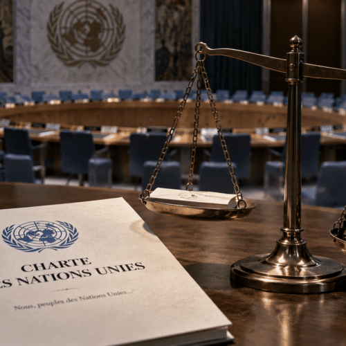 Charte des Nations unies et balance de justice déséquilibrée par des symboles de la force militaire devant le Conseil de sécurité de l’ONU. Illustration générée par intelligence artificielle — YKMinfo.