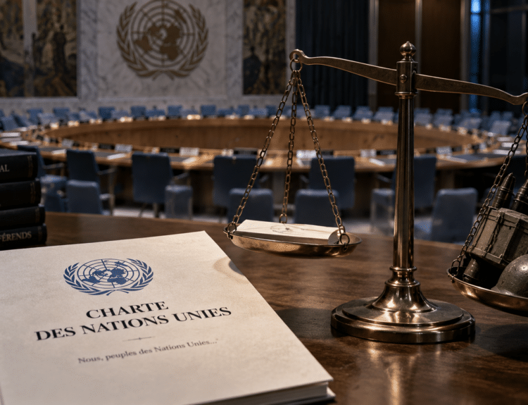 Charte des Nations unies et balance de justice déséquilibrée par des symboles de la force militaire devant le Conseil de sécurité de l’ONU. Illustration générée par intelligence artificielle — YKMinfo.