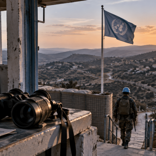 Casque bleu quittant un poste d’observation de la FINUL au Liban-Sud, avec des jumelles au premier plan.
