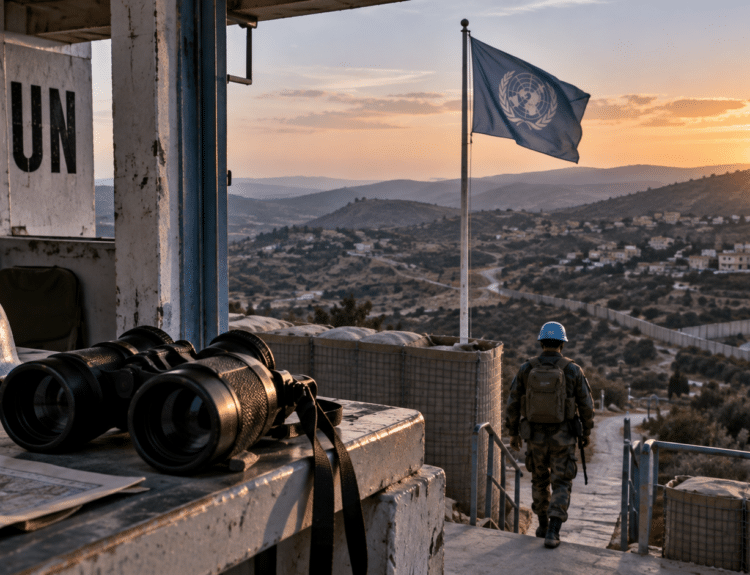 Casque bleu quittant un poste d’observation de la FINUL au Liban-Sud, avec des jumelles au premier plan.