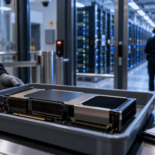 Contrôle d’un processeur spécialisé à l’entrée d’un data center consacré à l’intelligence artificielle.