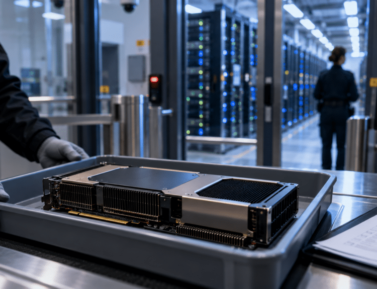 Contrôle d’un processeur spécialisé à l’entrée d’un data center consacré à l’intelligence artificielle.