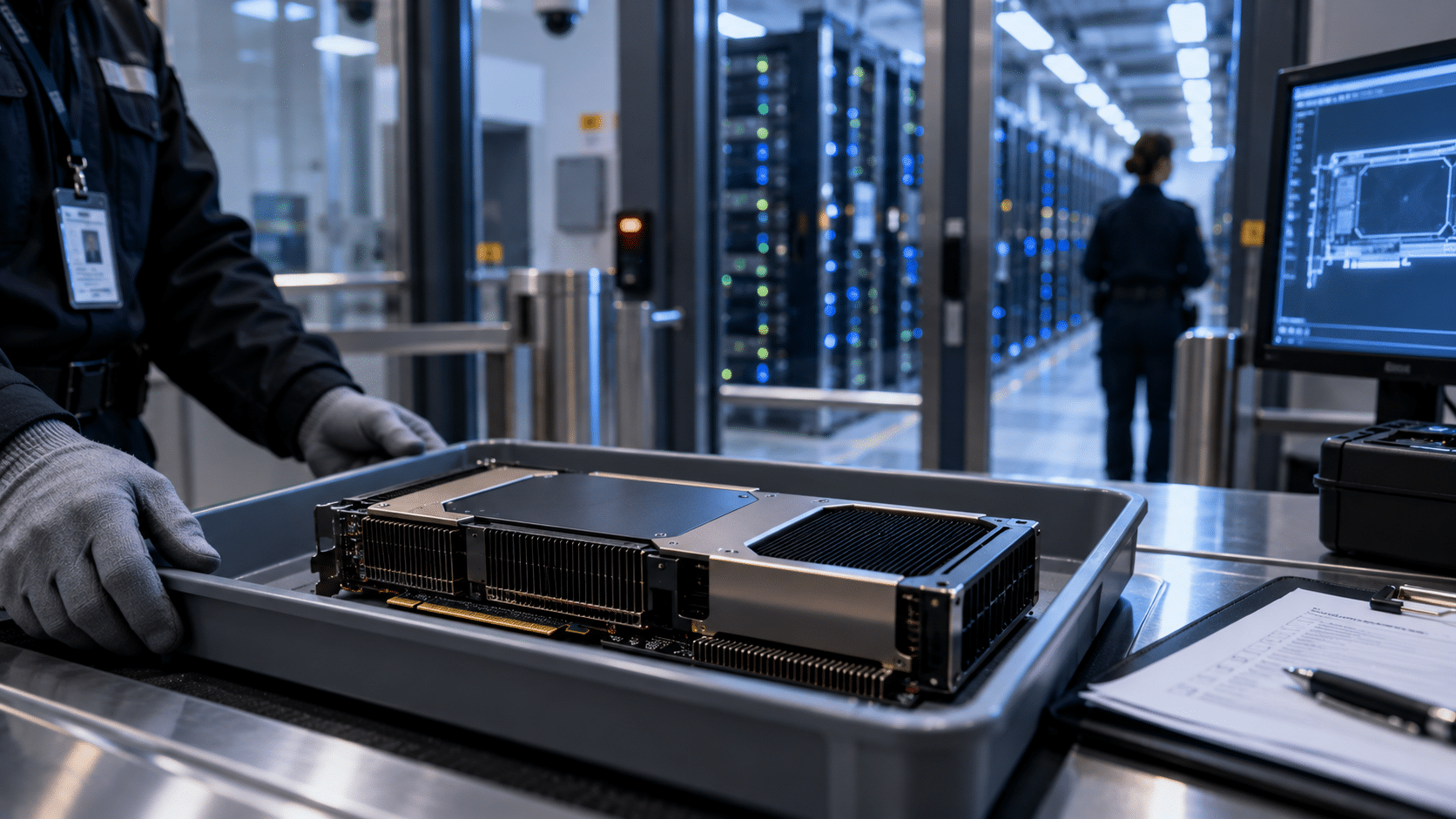 Contrôle d’un processeur spécialisé à l’entrée d’un data center consacré à l’intelligence artificielle.