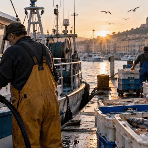 Pêcheur faisant le plein de carburant de son bateau à côté de caisses de poissons fraîchement débarqués dans un port méditerranéen.